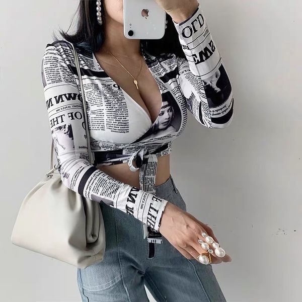 

tee spaper way print deep female short waist tight spring and autumn, White