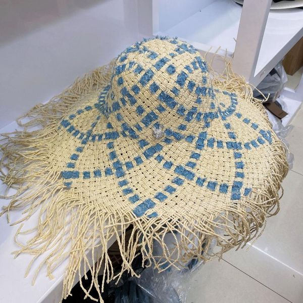 

summer tassels big brim lafite patchwork denim ribbon straw hat for women beach sun protection bucket chapeu wide hats, Blue;gray