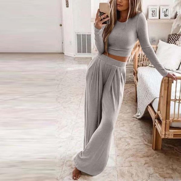 

women's two piece pants 2021 casual homewear fashion women solid color knitted long-sleeved trousers suit sports yo-ga dance two-piece, White