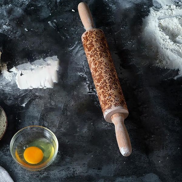 

kitchen rolling pin pastry with pattern christmas baking noodle stick carved wood embossed printed tool pins & boards