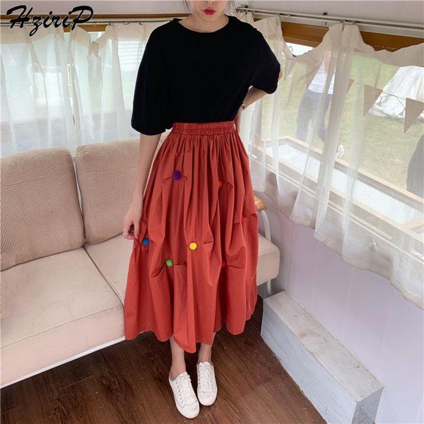 

skirts hzirip 2021 summer women fashion vintage sweet loose high elastic waist solid all-match elegant mid-calf long, Black