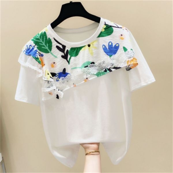 

t shirt women's printed lace panel round neck design short sleeve cotton t-shirt summer korean-style loose t shirt women top, White