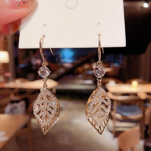 

dangle & chandelier 2021 trend korean fashion 925 silver flash diamond hollow out the leaves hook earrings temperament women's