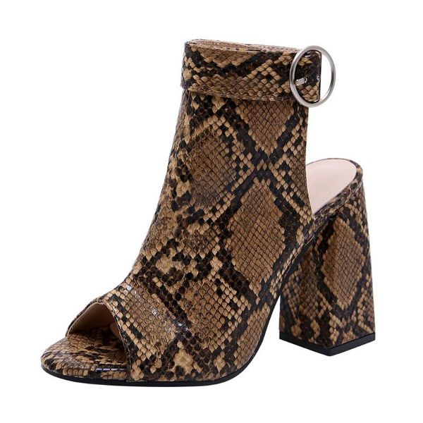 

women's sandals snakeskin shoes fashion snake-grain thick heel high-heeled plus size open toe back, Black