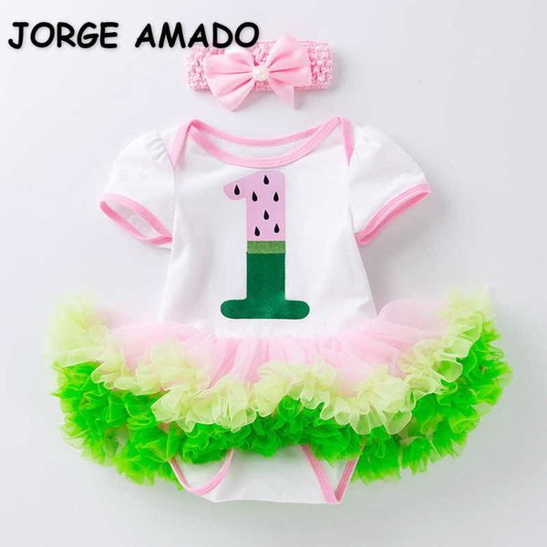 

summer baby girls 2-pcs sets cartoon watermelon t-shirt bodysuit + headwear outfits children jumpsuit e301 210610, White