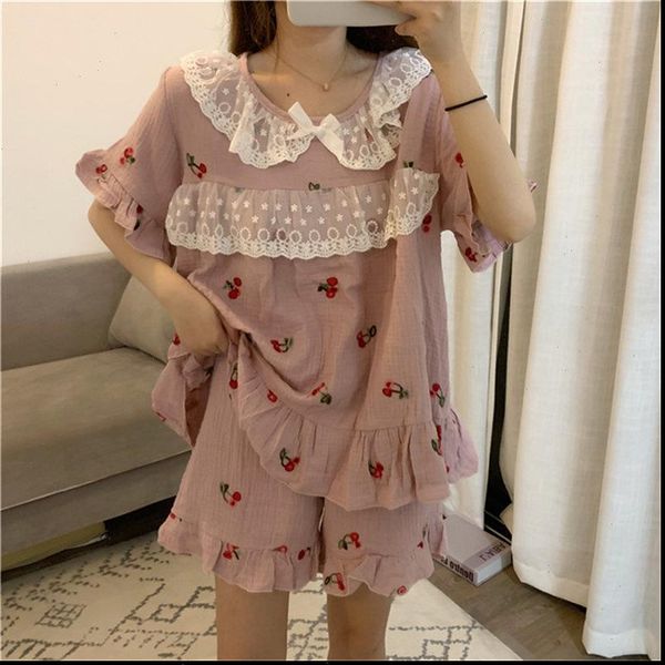 

princess short sleeved pajamas womens sleepwears chic strawberries shorts tracksuit loose sets, Black;red