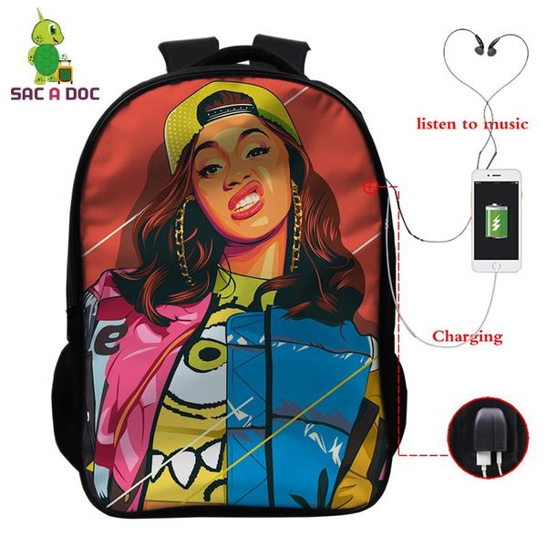 

backpack cardi b famous rapper school bag multifunction usb charging lapfor teenage boys girls travel shoulder bags