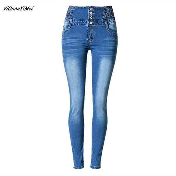 

yiquanyimei fashion high waist elastic cotton jeans for woman denim pencil pants jean pantalon femme women's, Blue