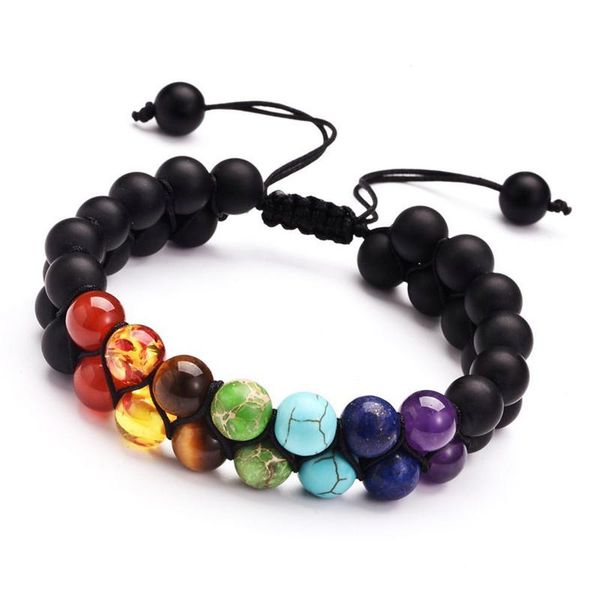 

beaded, strands 7 chakra adjustable 8mm natural stone bracelet double woven rope chain yoga healing balance for men women jewelry gifts, Black