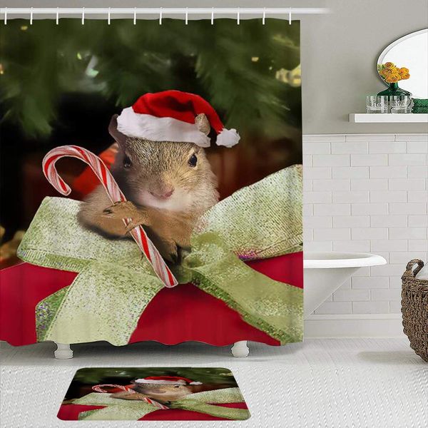 

fabric shower curtain and mats set,christmas squirrel cute candy cane,waterproof bath curtains with 12 hooks,non slip rugs