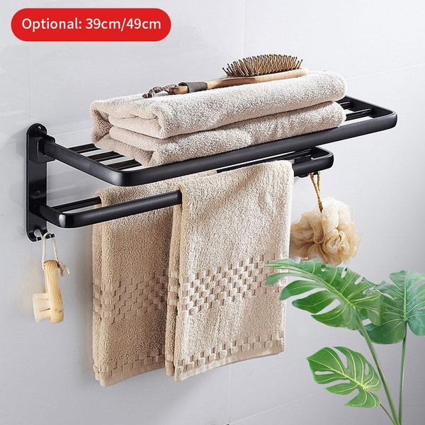 

towel racks holder punch-bathroom accessories folding hook storage shower rack matte black aluminum organizer hanger wall-mounted