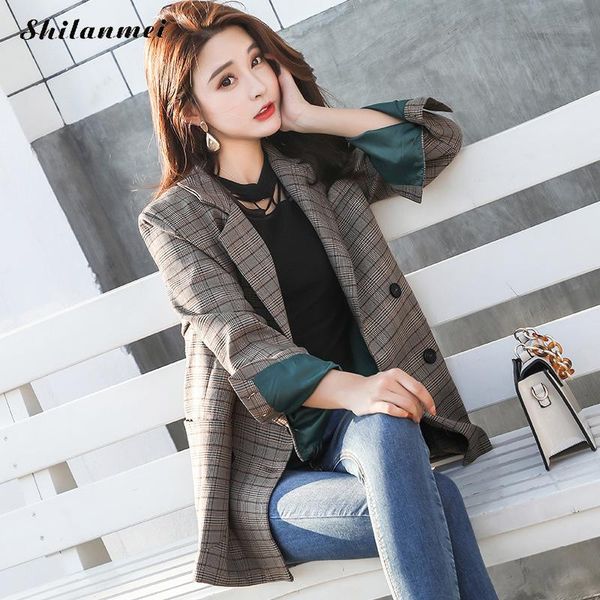

women's suits & blazers 2021 women retro boyfriend check plaid blazer woman double breasted notched with pocket suit casual jacket loos, White;black