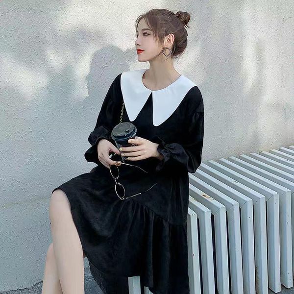 

maternity dresses 2021 wear autumn doll collar retro jacquard long sleeve dress black stitching (collar detachable), White