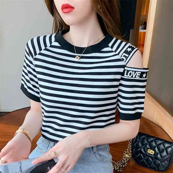 

fashion off shoulder women casual stripe short sleeve tees summer cuff splicing woman t-shirt y2k 210507, White