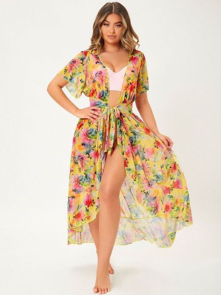 

floral print asymmetrical hem belted kimono c4qf#, White;black