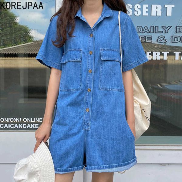

korejpaa women jumpsuits summer korean niche retro lapel pocket single-breasted loose casual short-sleeved denim jumpsuit 210526, Black;white