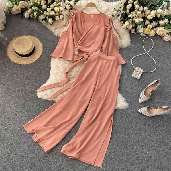 

women's v neck long flare short shirts + high waist wide leg pants two piece sets s181 210527, White