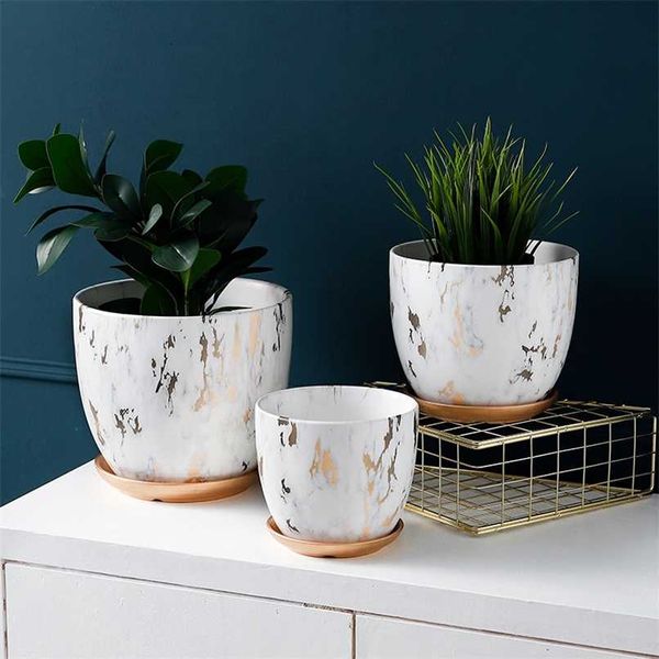 Vasi per piante in ceramica moderna Vaso per fiori Contenitori per esterni da giardino per interni con foro di scarico e piattino Decorazione domestica 211130