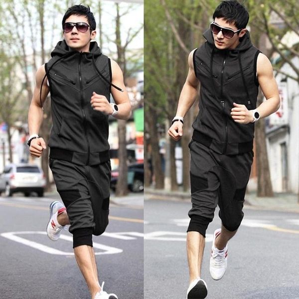 

men's tracksuits 2021 summer set casual cotton sportswear men fashion short track suit 2 pieces vest + pants mens sports, Gray