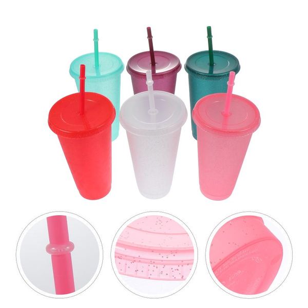 

mugs 6pcs lovely household cups reusable drinking with straws (assorted color)