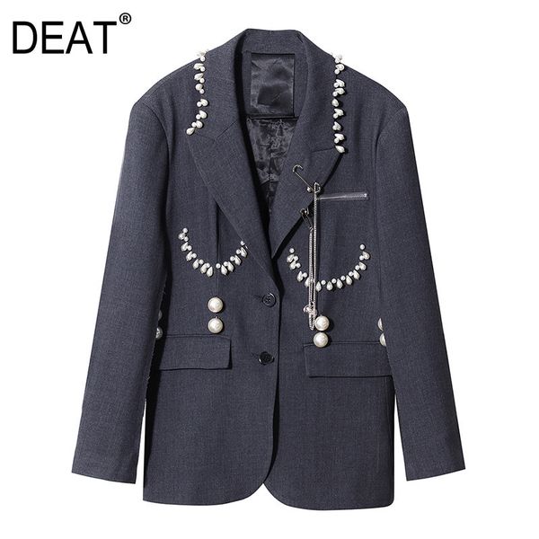 

[deat] personality pearl decoration solid gray suit medium length thin temperament coat female spring and summer gx878 210428, White;black