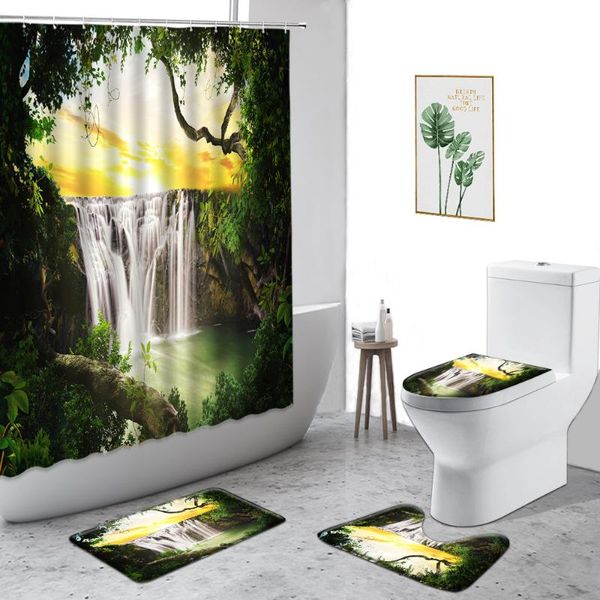 

shower curtains 3d forest waterfall scenery waterproof curtain green plants dream jungle bathroom decor set anti-slip bath mat