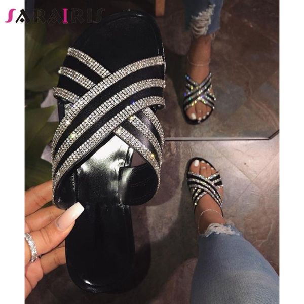 

lady casual beach flat slippers summer outdoor women bling rhinestone slip on open toe shoes woman, Black