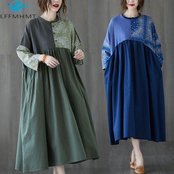 

cotton linen women healthy breathable soft dress female ruffle neck patchwork long sleeve loose casual vintage robe dresses, Black;gray