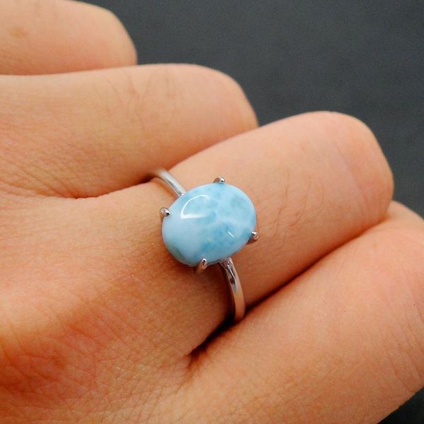 

ing natural dominica ring 925 sterling silver oval 7x9mm larimar women jewelry for gift, Slivery;golden