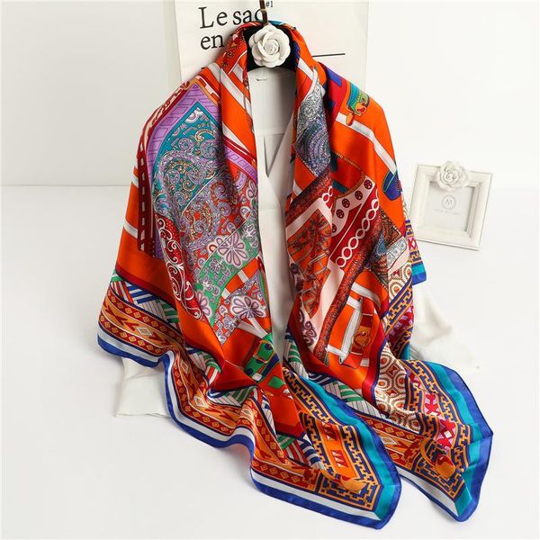 

scarves 135x135cm silk square scarf for women hair tie band bandana pashmina female foulard muslim hijab 2021, Blue;gray