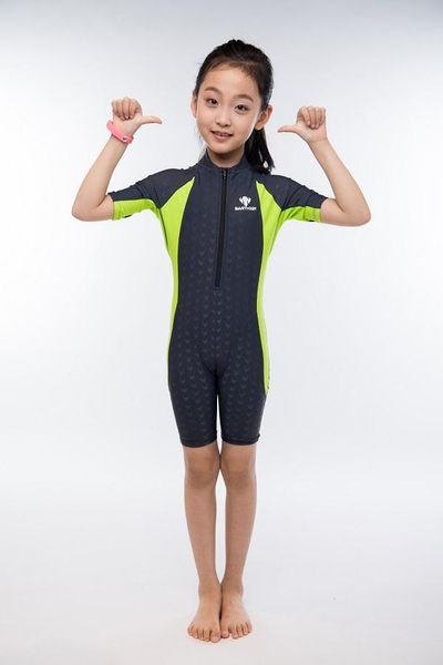 

one-piece suits girls one piece professional short sleeve swimsuit kids sports racing competition nylon knee bathing suit surfing cloth