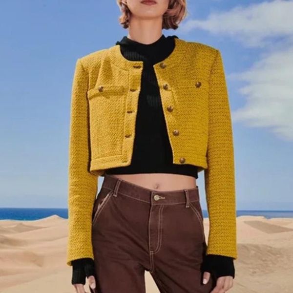 

women's jackets 2021 textured weave woman jacket autumn casual o-neck long sleeve fitted coats yellow vintage button up cropped women, Black;brown