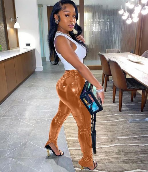 

women's leggings winter pu leather golden pencil trousers women high street skinny casual split pants, Black