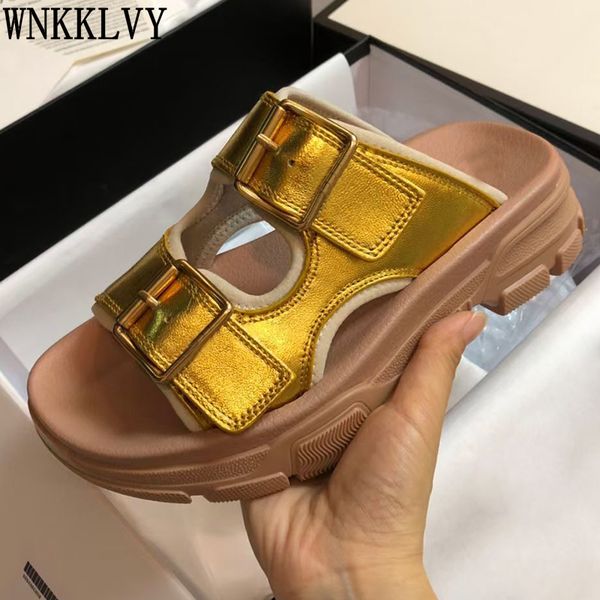 

80% off store online 2021 metal decor sandals platform slides women summer flat thick sole casual slippers comfort real leather beach shoes, Black