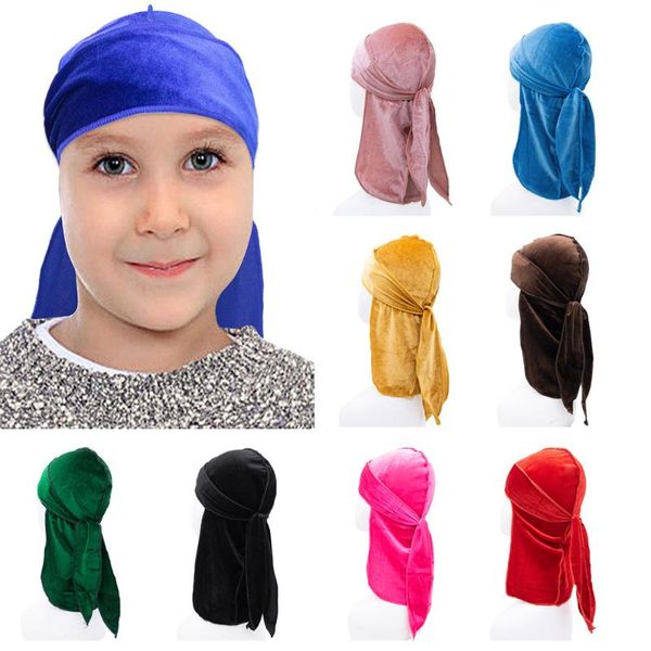 Дети Durags Unisex сплошной цвет бархат дышащий длинный хвост бандана детская шапка для ребенка тюрбан Durag Cap Headbobal Headwear аксессуары для волос