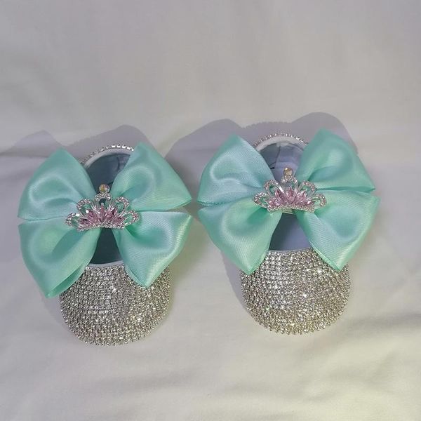 

handmade water blue crown luxury rhinestones baby girl shoes first walker sparkle bling crystals princess shower gift walkers