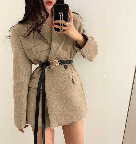 

two piece dress women's casual jacket, coat with belt, work clothes, autumn, White
