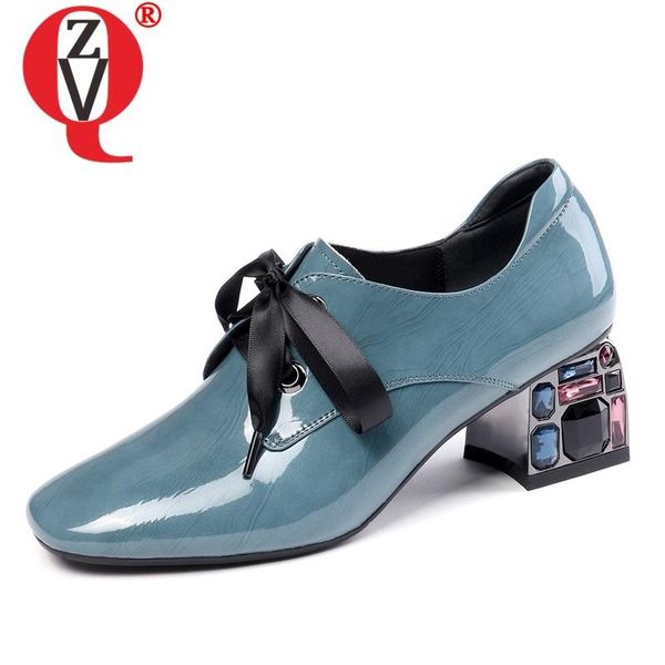 

dress shoes zvq woman 2021 spring fashion square toe patent leather pumps outside high heels cross-tied ladies, Black