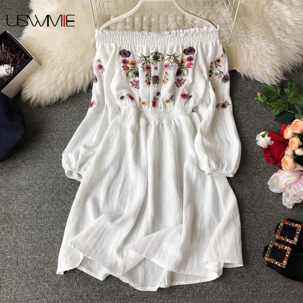 

casual dresses elegant dress summer temperament long sleeved embroidery fashion collect waist women slash neck solid color vestidos, Black;gray