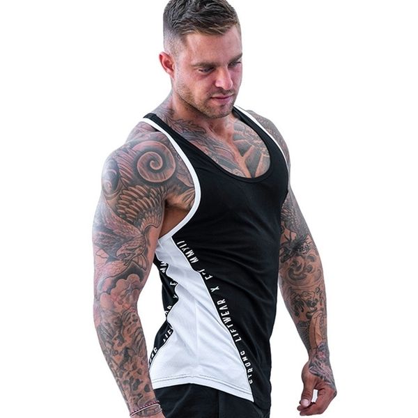 

men bodybuilding tank gym workout fitness cotton sleeveless shirt running clothes stringer singlet male summer casual vest 210319, White;black