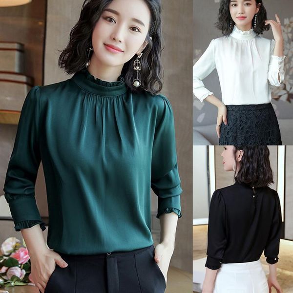 

women brief office work wear stand neck formal shirts long sleeve casual lady comfortable pure color blouse women's blouses &, White