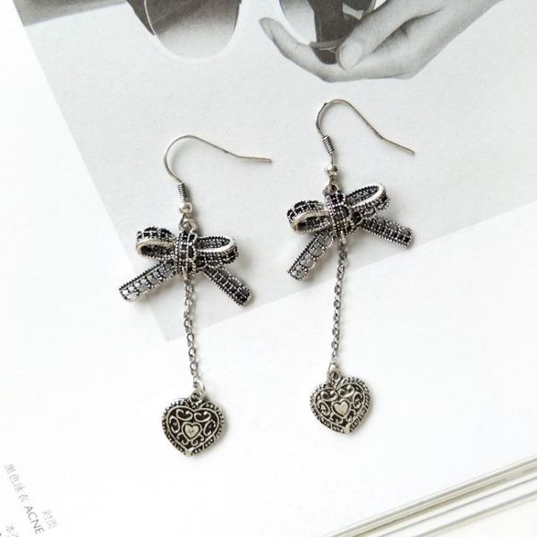 

dangle & chandelier 2021 vintage hollow love heart earrings ancient silver color cute bowknot long chain tassel drop earring for women