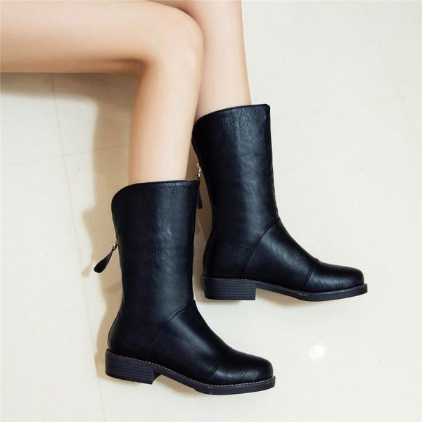 

boots big size fashion of women's with round head and low heel back zipper, Black