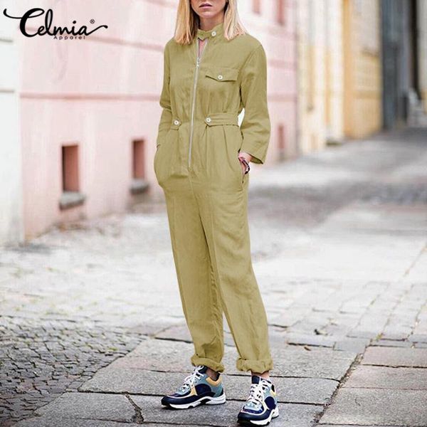 

2021 celmia rompers womens loose solid cargo overalls fashion long sleeve work jumpsuits zipper solid color long playsuits 5xl, Black;white