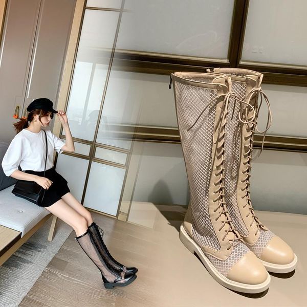 

boots summer mesh lace up knee high female black apricot riding cross tied rome low heel boot womens shoes