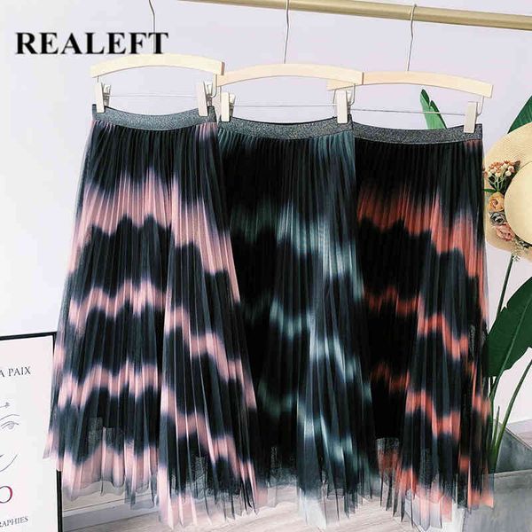 

vintage gradient ink printed mesh pleated women long skirts high waist harajuku umbrella female skirt spring summer 210428, Black