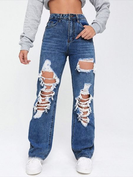 

medium wash cut out ripped straight leg jeans r4an#, Blue