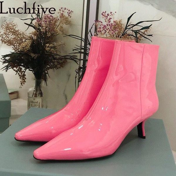 

boots 2021 woman patent leather ankle white red black kitten heel shiny spring runway party women