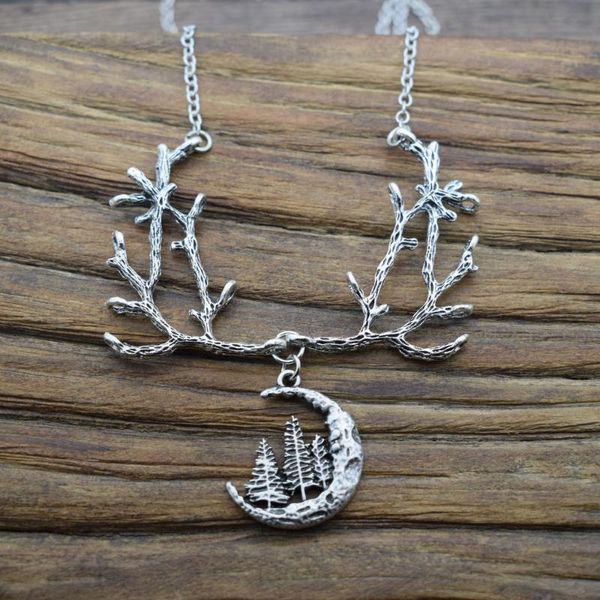 

chains wicca branches goth gothic fashion moon pine tree necklace, Silver