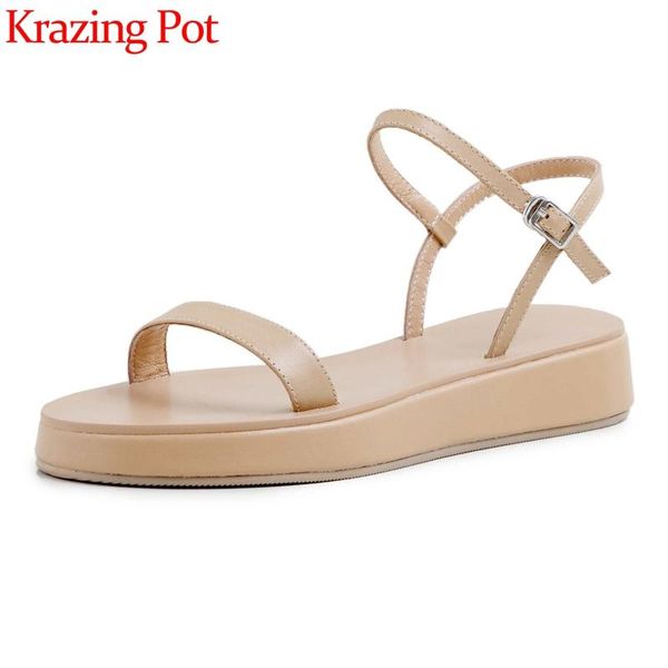 

krazing pot simple solid summer sandals women med heel cozy young lady daily wear buckle strap casual shoes l3c, Black